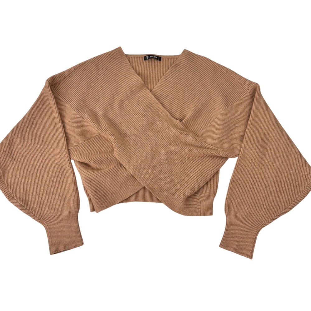 BTFBM Sweater Women M Camel Long Sleeve Wrap Front Ribbed Knit Crop Top